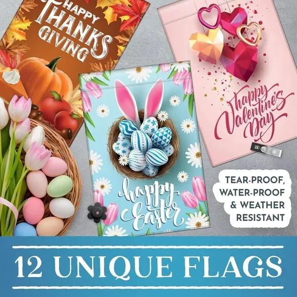 12 Pack Holiday Garden Flag Set with Anti-Wind Clip and Stopper - Picture 2 of 7